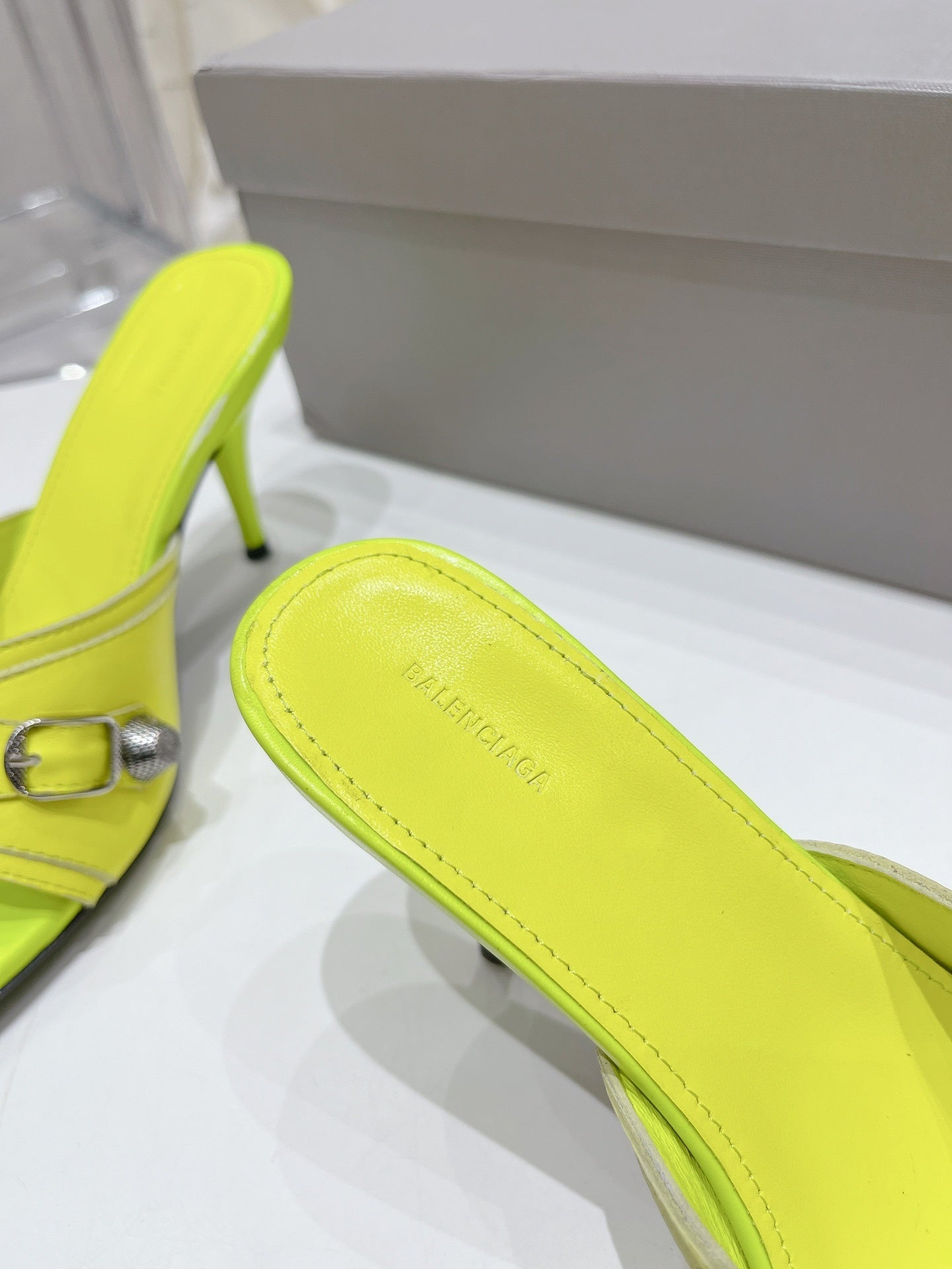NEON GREEN EMBELLISHED MID HEEL MULE SANDALS