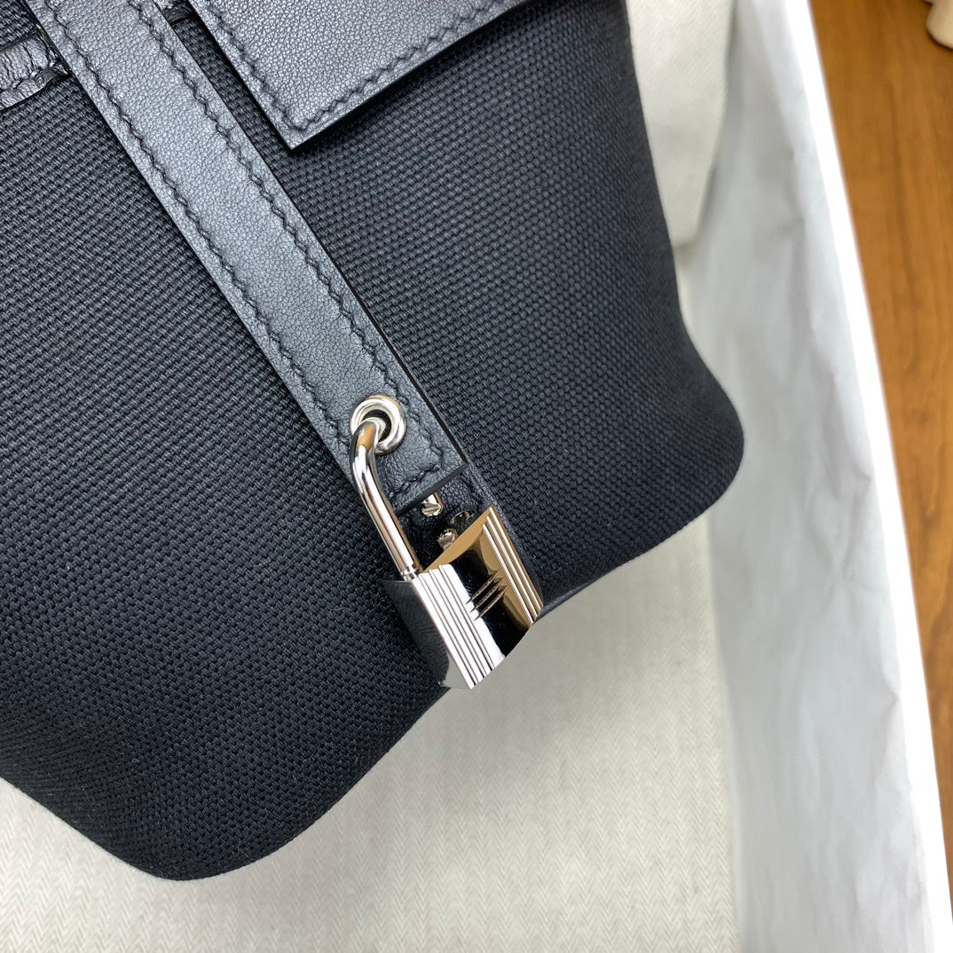 LUXURY BLACK CANVAS & LEATHER MINI PICOTIN STYLE HANDBAG