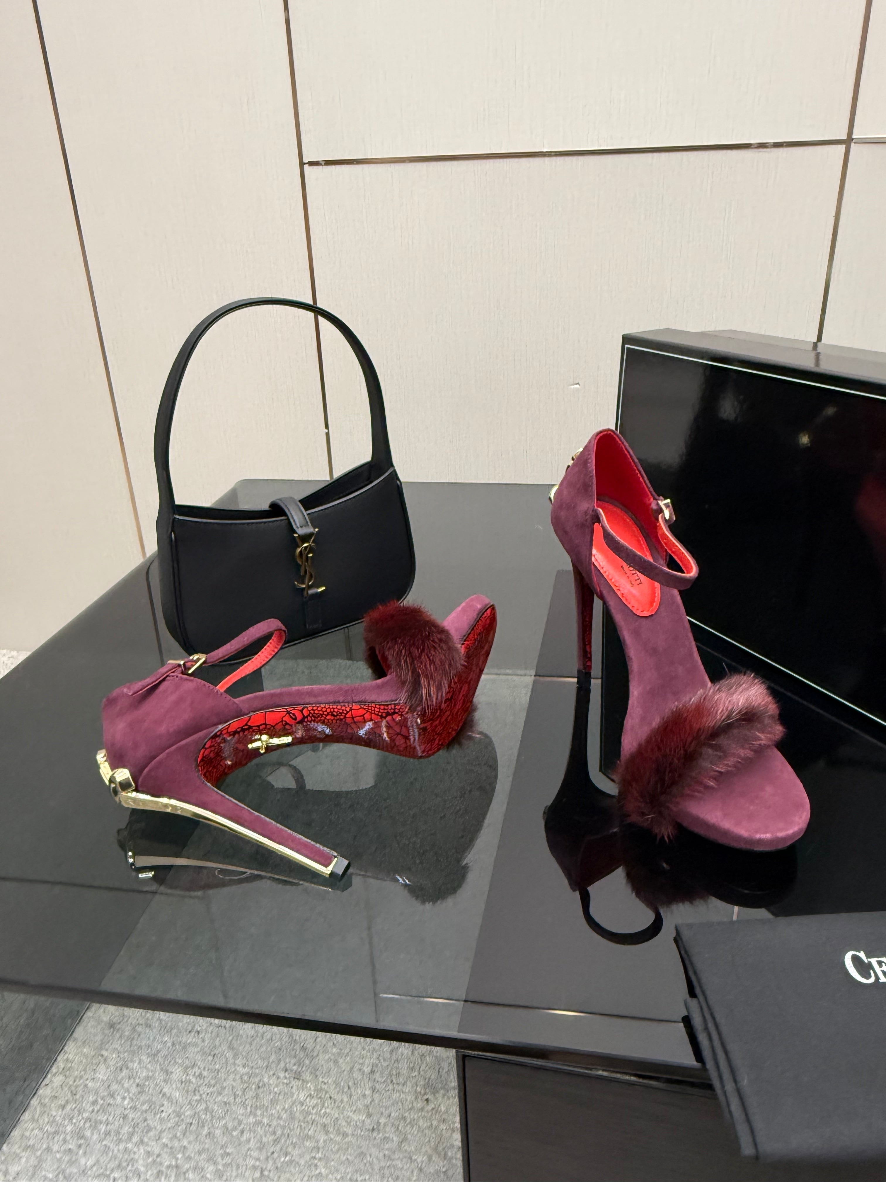 SUEDE FUR-TRIM STILETTO SANDALS – PLUM WINE EDITION