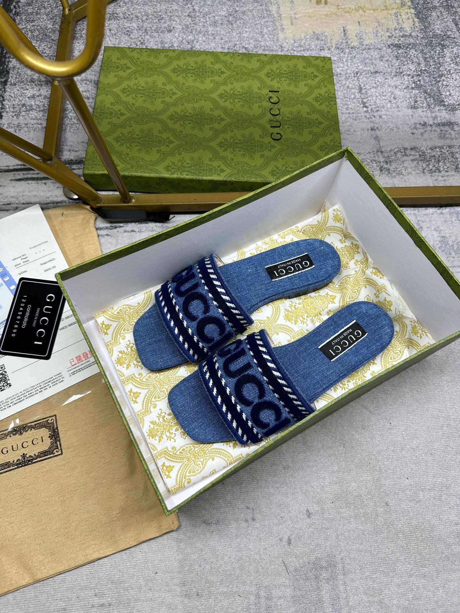 DENIM SLIDE SANDALS WITH EMBROIDERED LOGO STRAP
