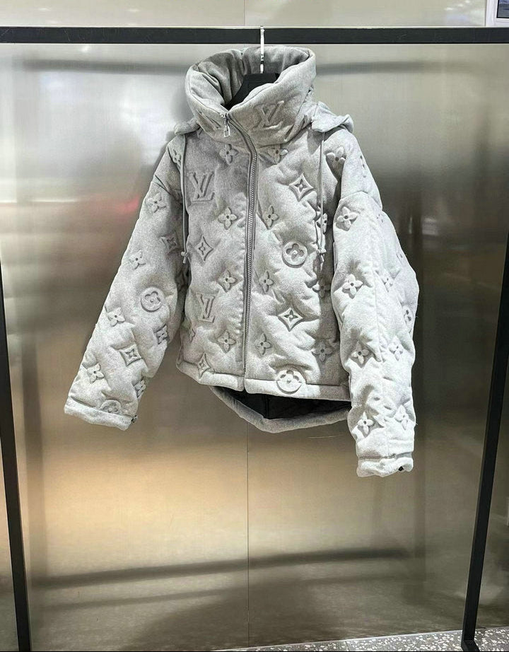 EMBOSSED MONOGRAM HOODED PUFFER JACKET
