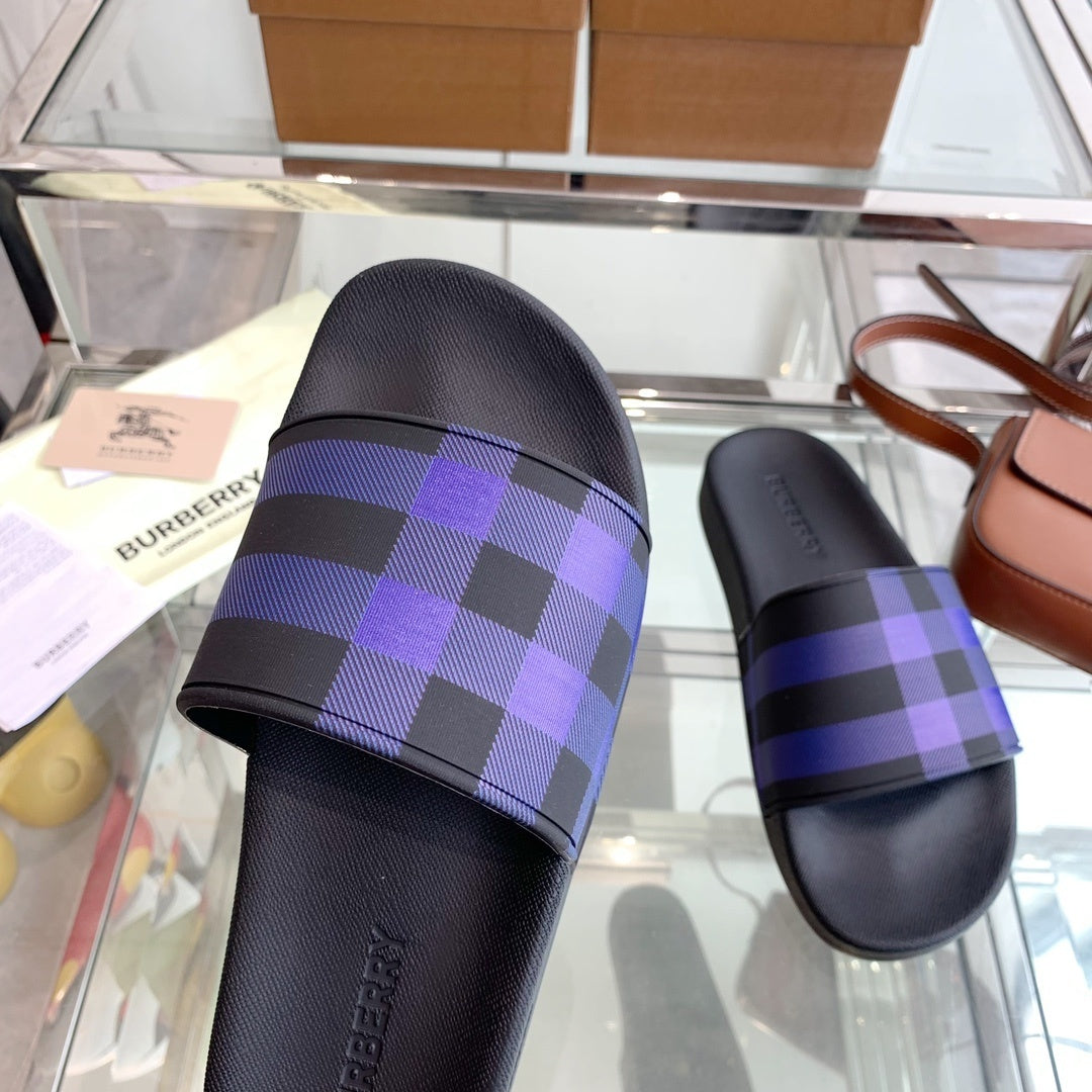BLACK & PURPLE CHECK PRINT SLIDE SANDALS