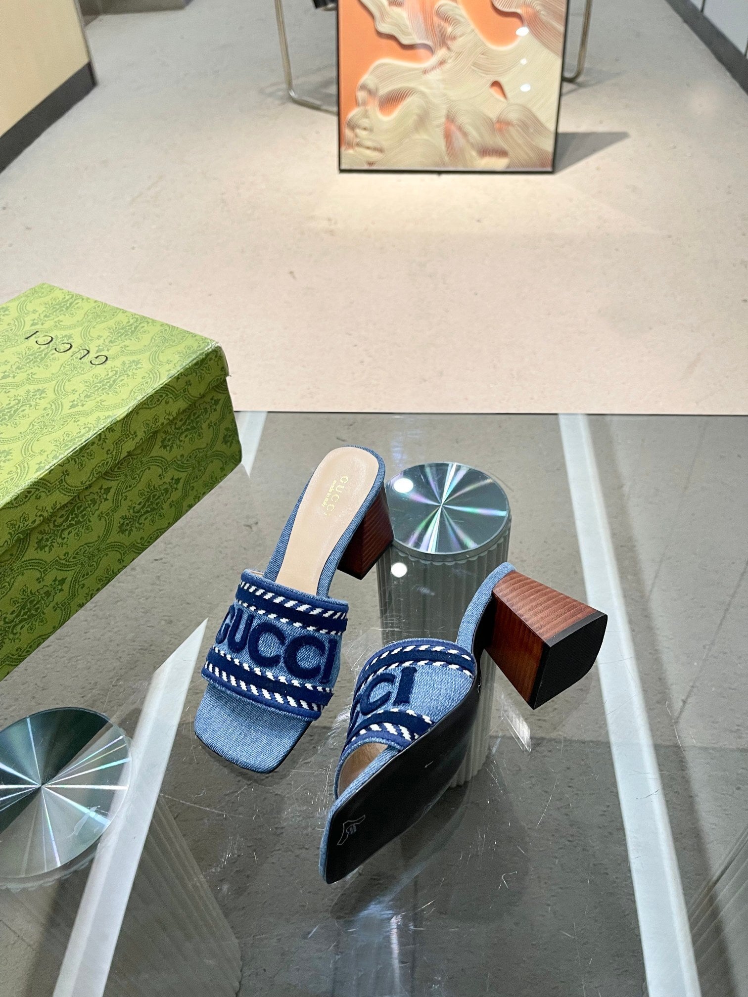 DENIM BLOCK HEEL SANDALS