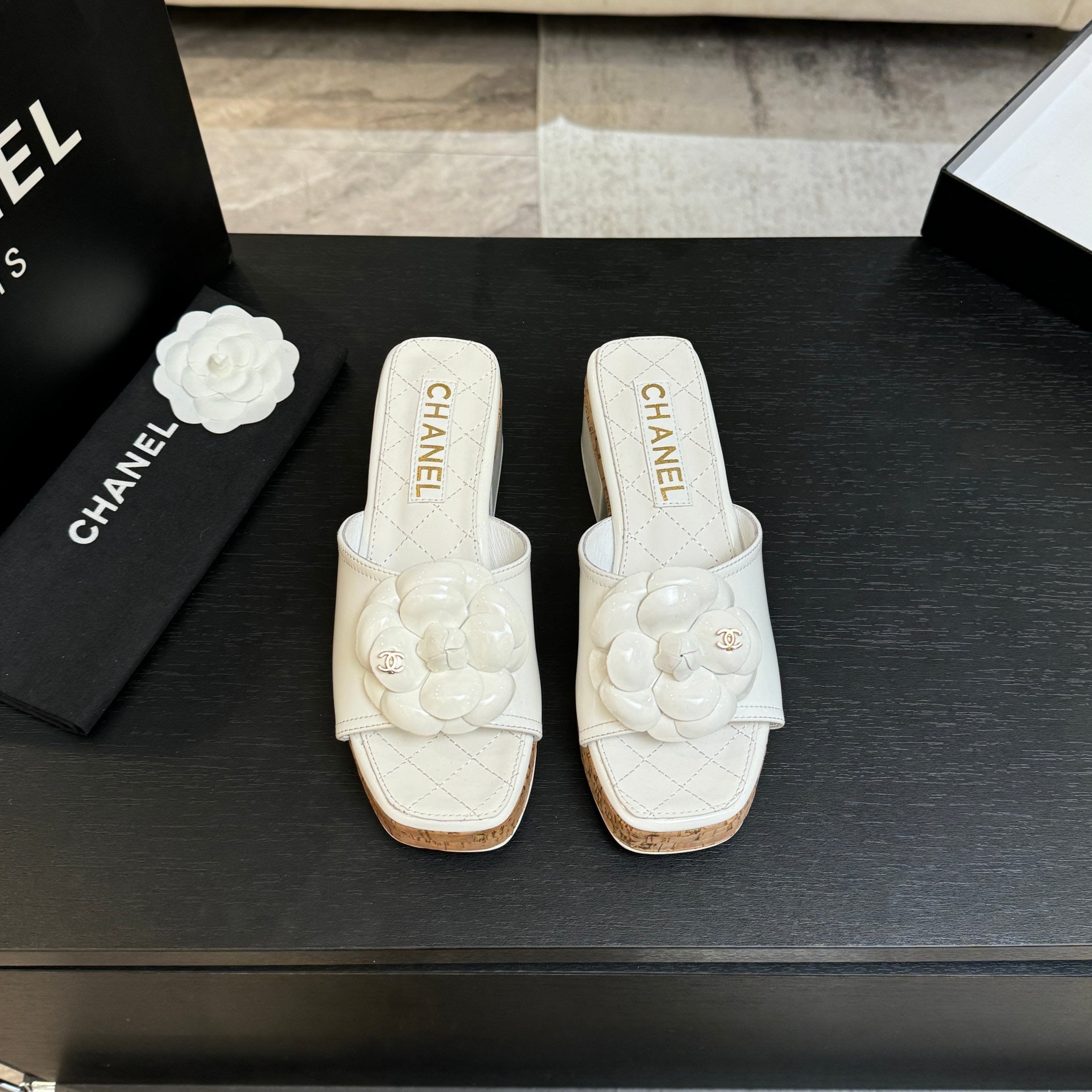 IVORY QUILTED PLATFORM SLIDE SANDALS WITH CAMELLIA DETAIL