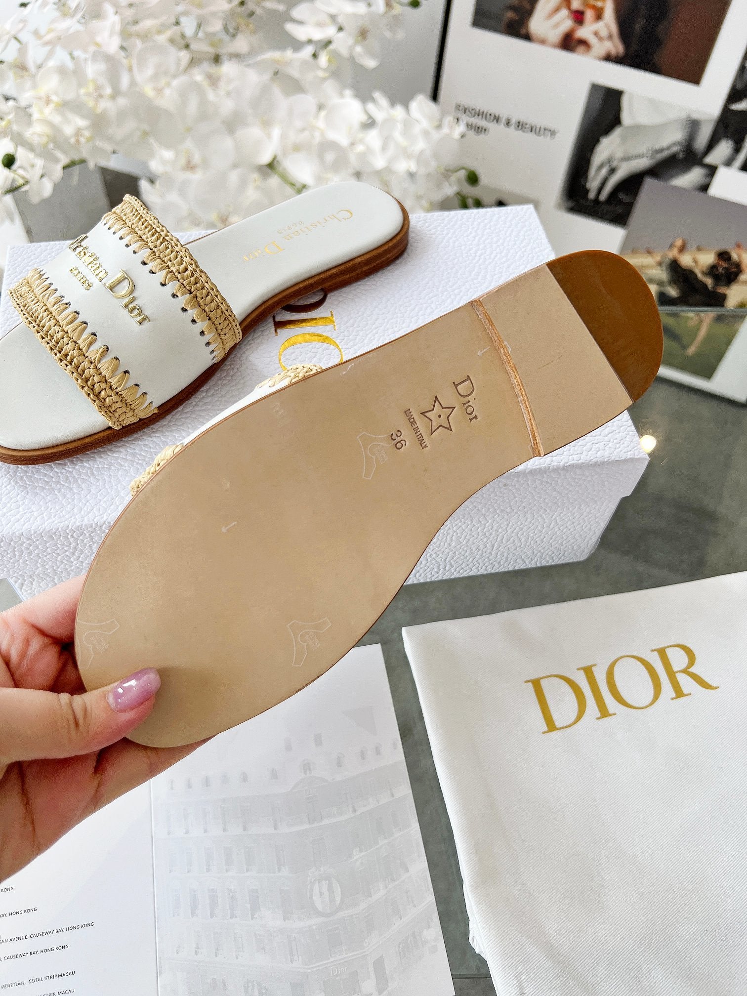 WHITE WOVEN LOGO STRAP FLAT SLIDES