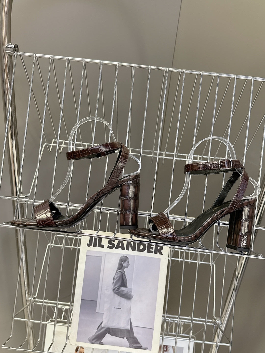 BROWN CROCODILE EMBOSSED STRAPPY HIGH HEELS