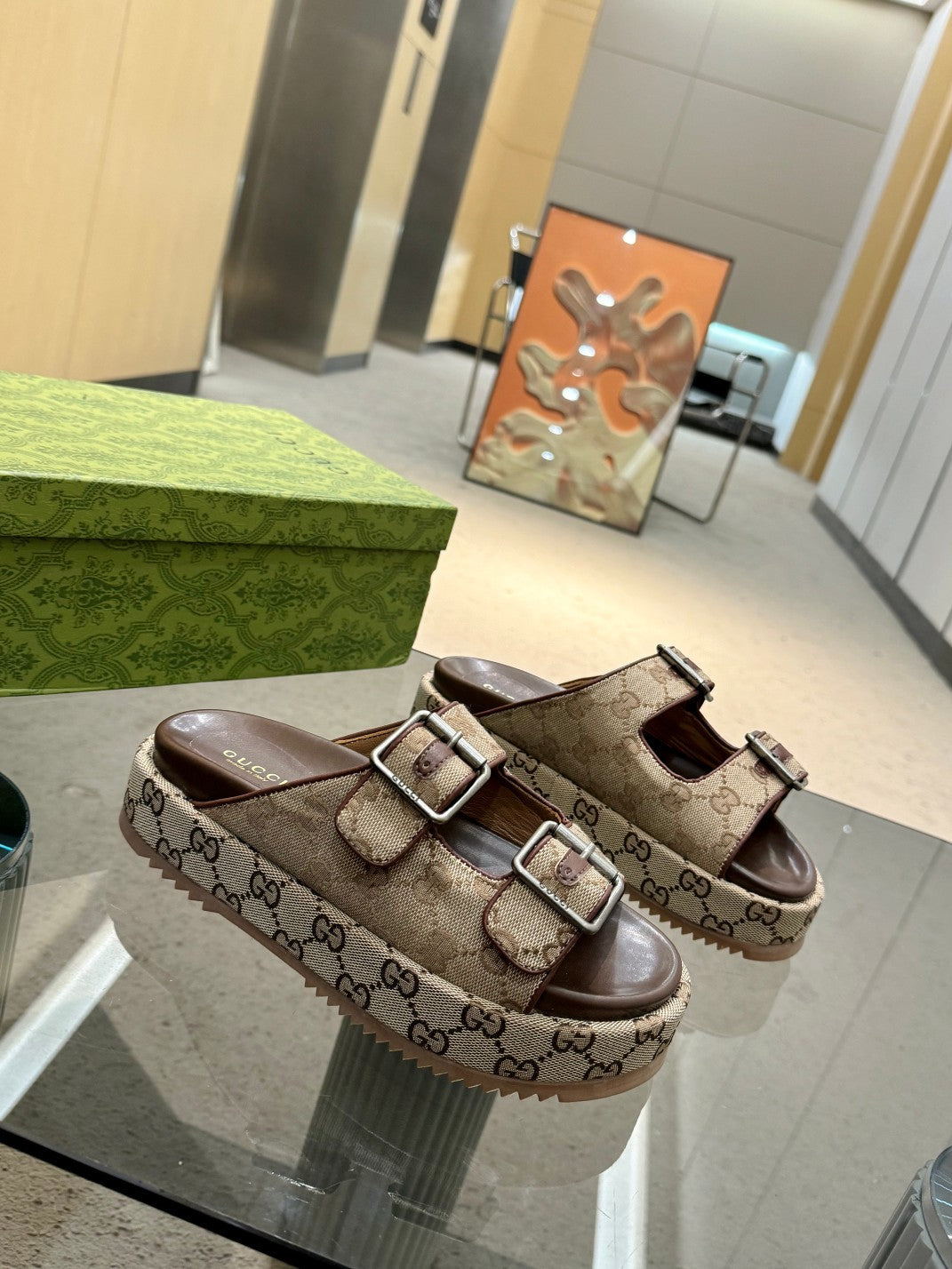 BEIGE MONOGRAM DOUBLE-STRAP PLATFORM SANDALS