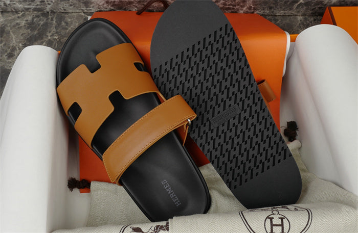 TAN DOUBLE-STRAP H-CUT SLIDE SANDALS