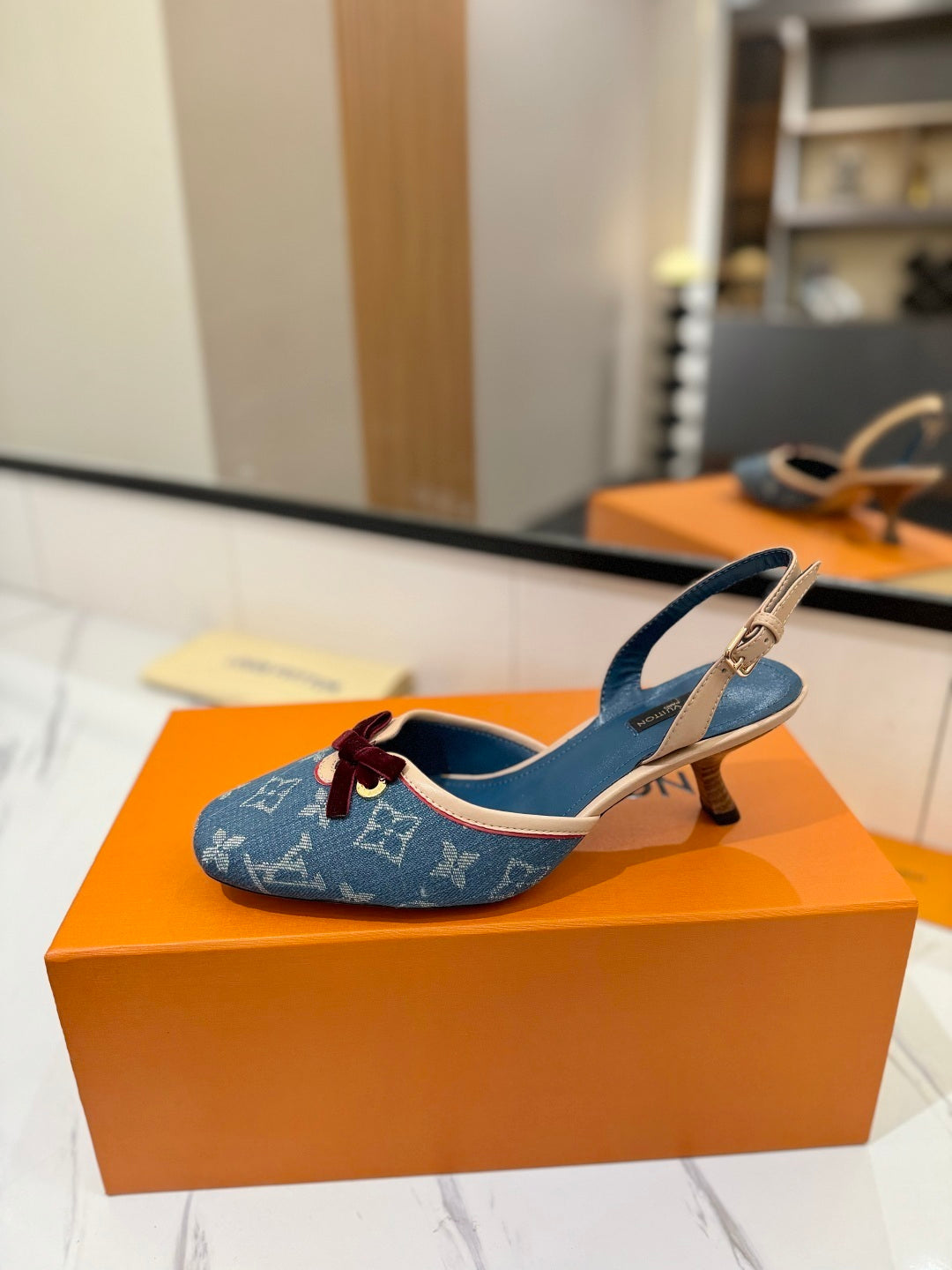 DENIM MONOGRAM SLINGBACK HEELS WITH VELVET BOW