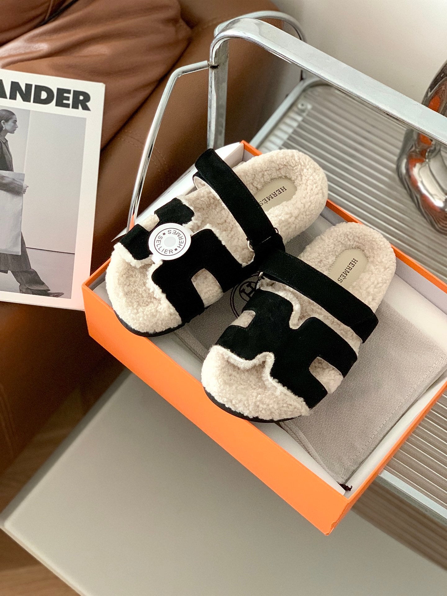 SHEARLING SLIDE SANDALS WITH BLACK STRAPS