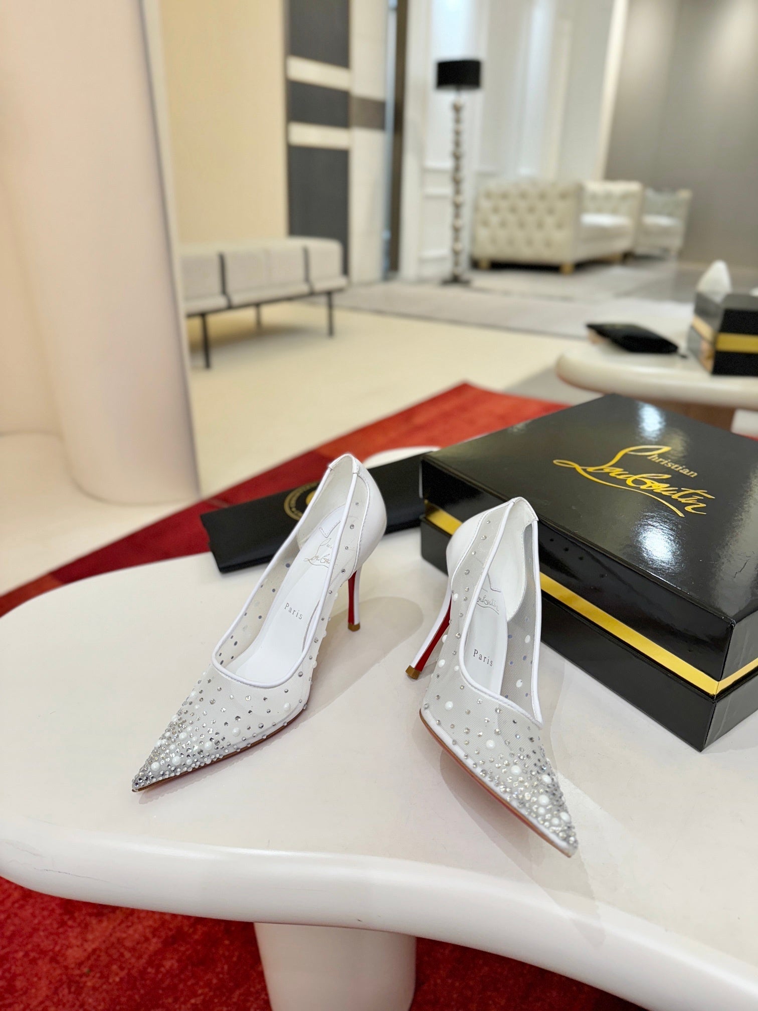 WHITE RHINESTONE POINTED HEELS