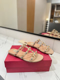 STUDDED STRAP FLAT SANDALS – NUDE WITH TURQUOISE ACCENTS