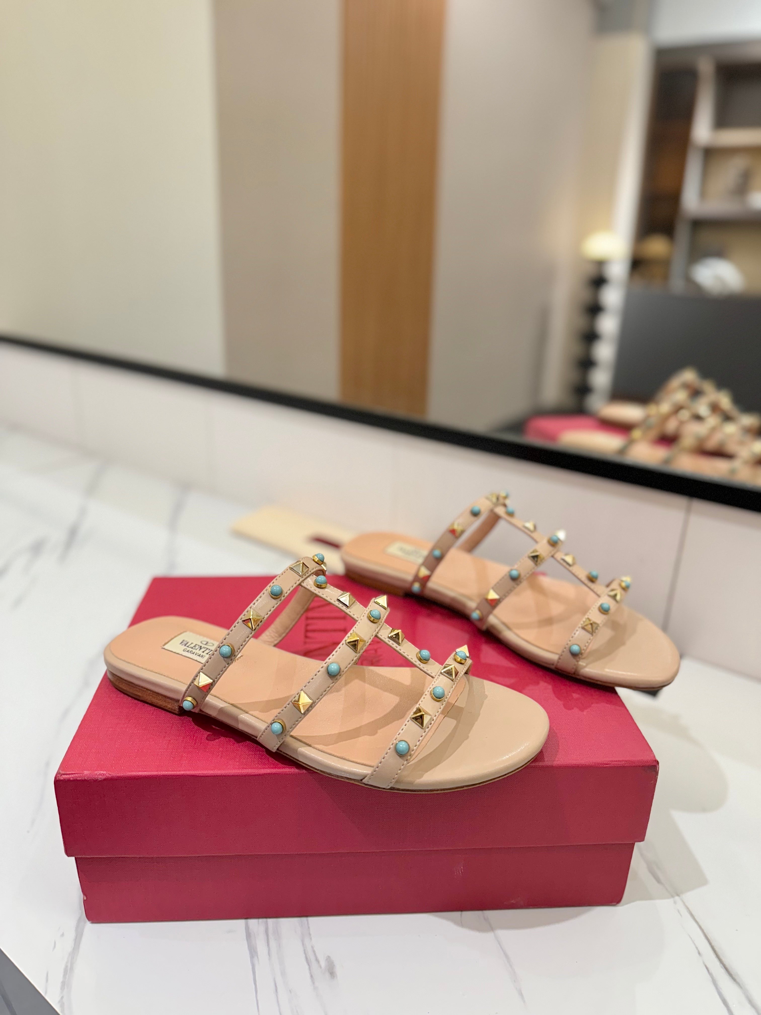 STUDDED STRAP FLAT SANDALS – NUDE WITH TURQUOISE ACCENTS