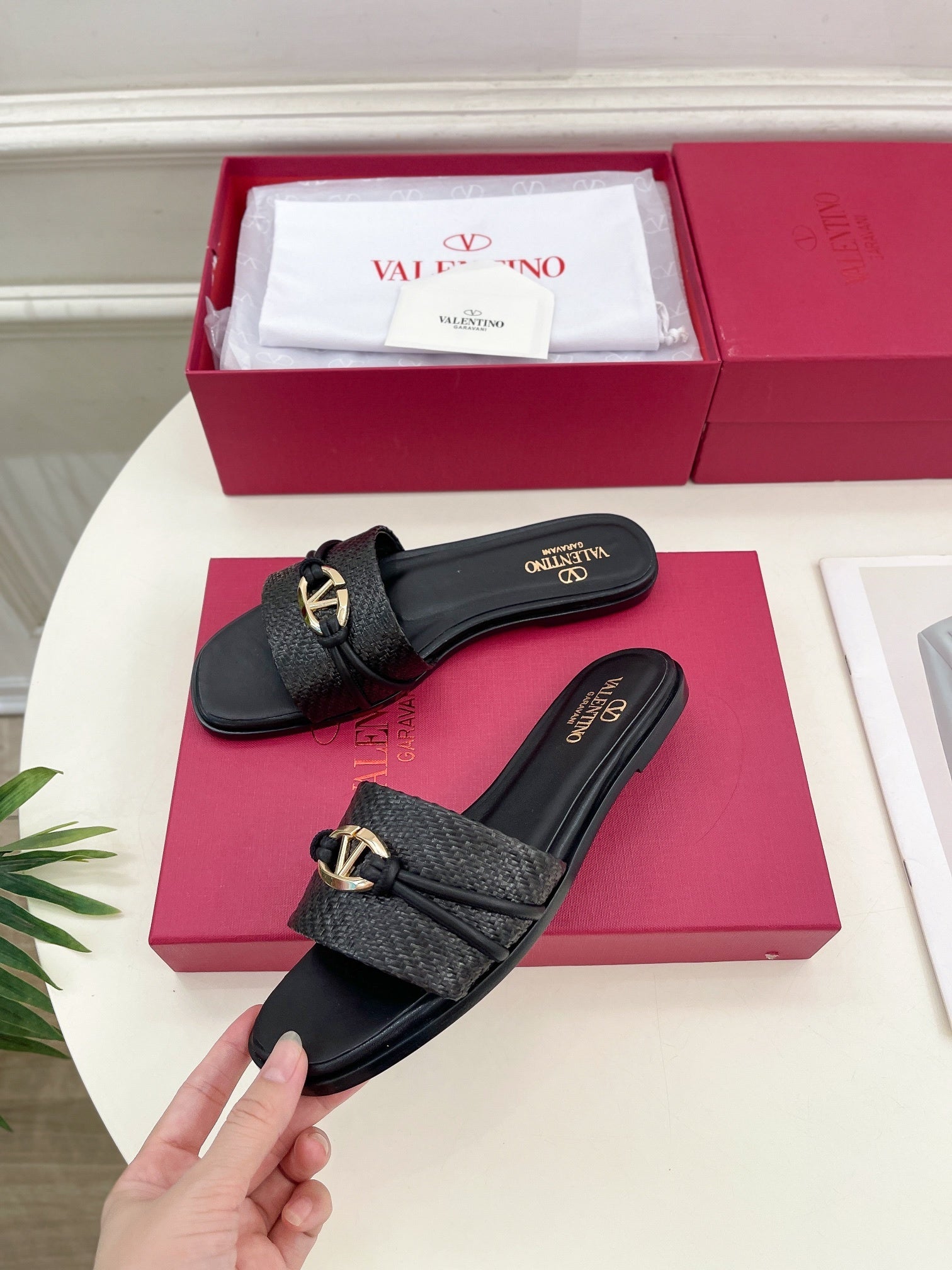FLAT SLIDE SANDALS – BLACK WOVEN STRAP WITH METAL ACCENT