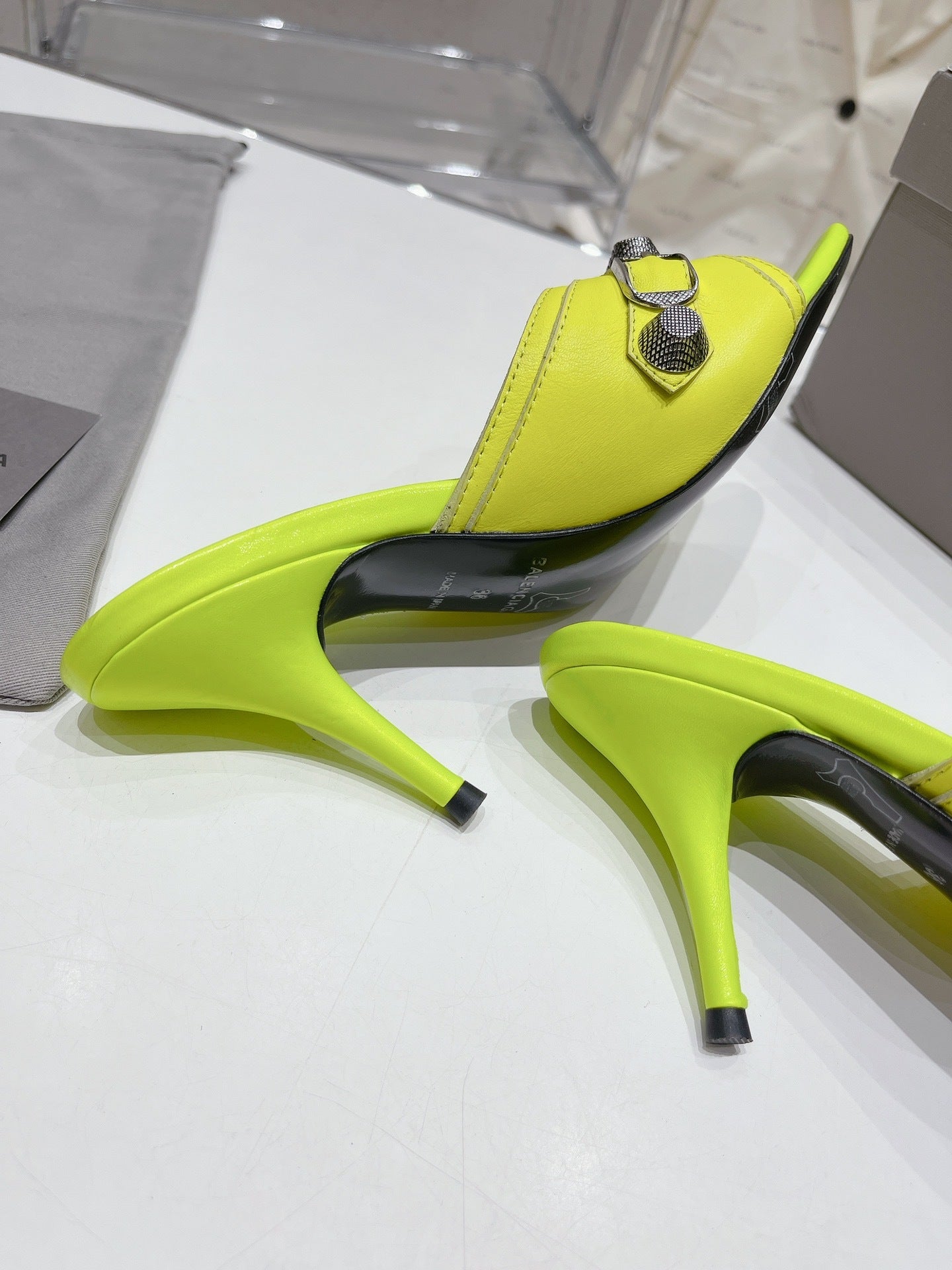 NEON GREEN EMBELLISHED MID HEEL MULE SANDALS