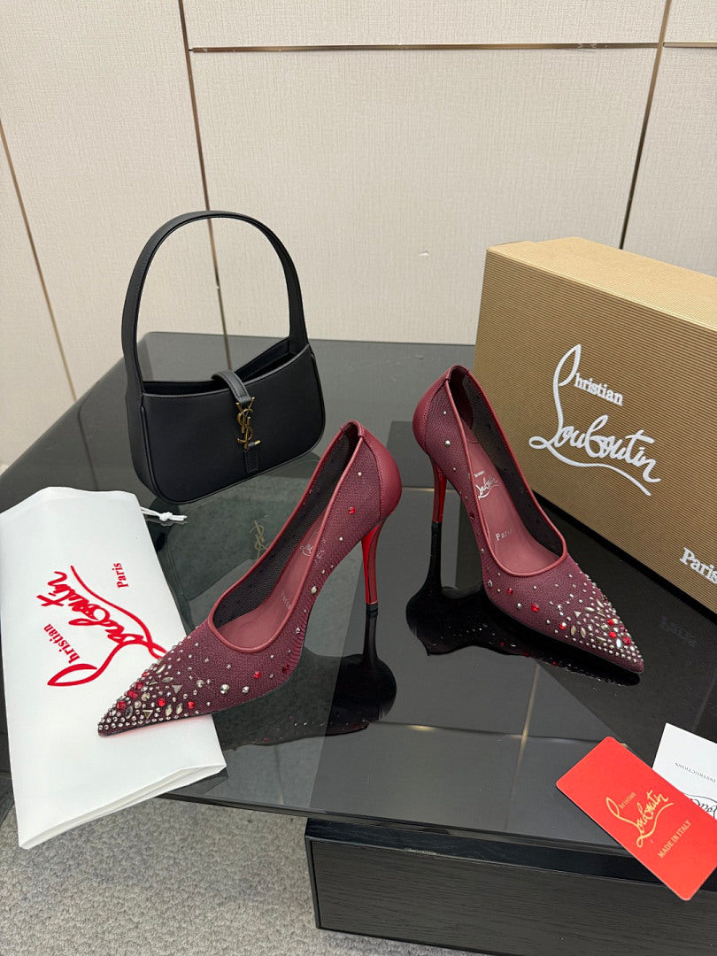 BURGUNDY RHINESTONE MESH PUMPS