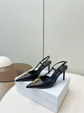 BLACK POINTED TOE SLINGBACK HEELS WITH GOLD DETAIL