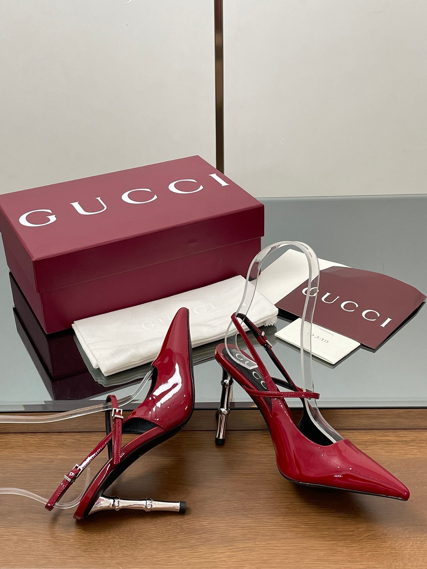 RED PATENT POINTED TOE SLINGBACK HEELS WITH METALLIC HEEL