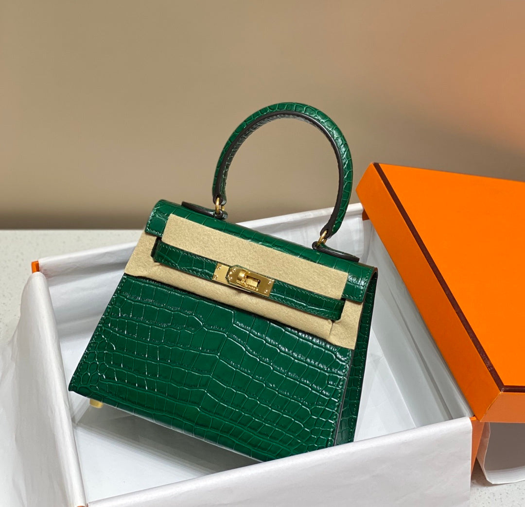 LUXURY EMERALD GREEN CROCODILE EMBOSSED MINI TOP HANDLE HANDBAG WITH GOLD HARDWARE