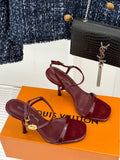 BURGUNDY PATENT LEATHER LOGO STRAP HEEL SANDALS