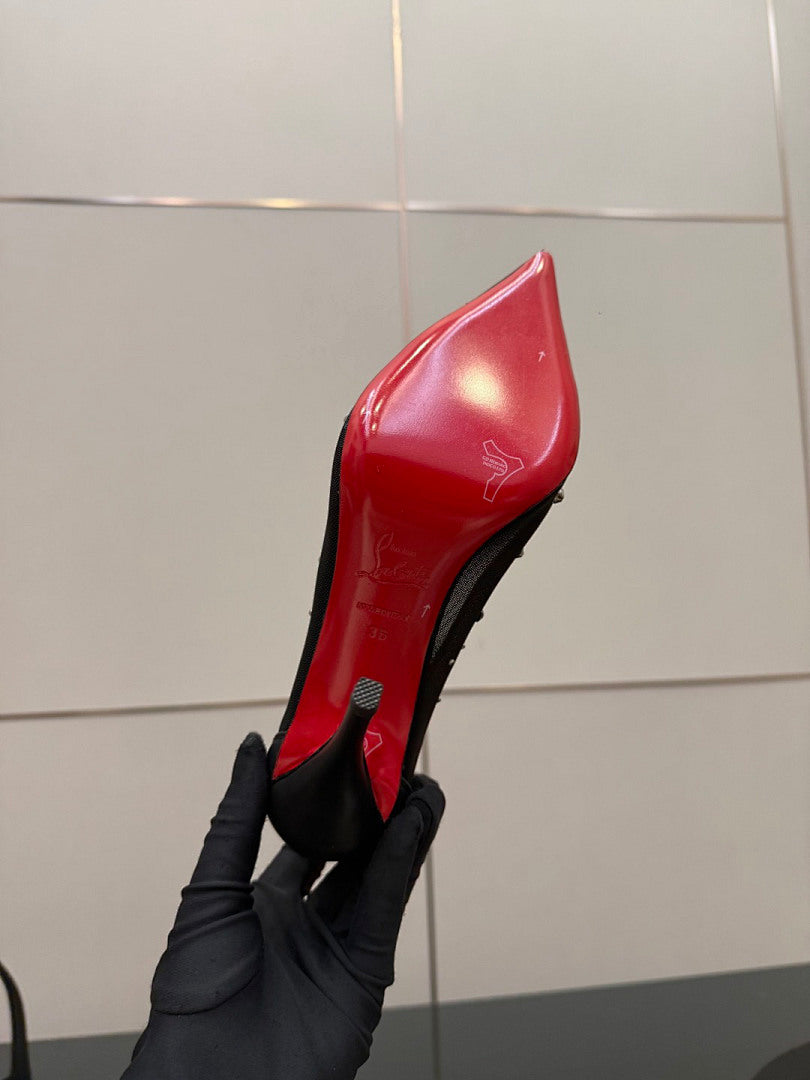 BLACK RHINESTONE MESH PUMPS