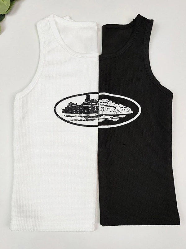 GRAPHIC WAFFLE KNIT HALTER CROP TANK