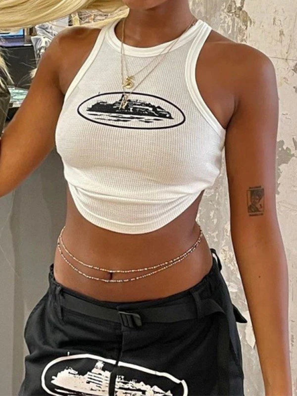 GRAPHIC WAFFLE KNIT HALTER CROP TANK